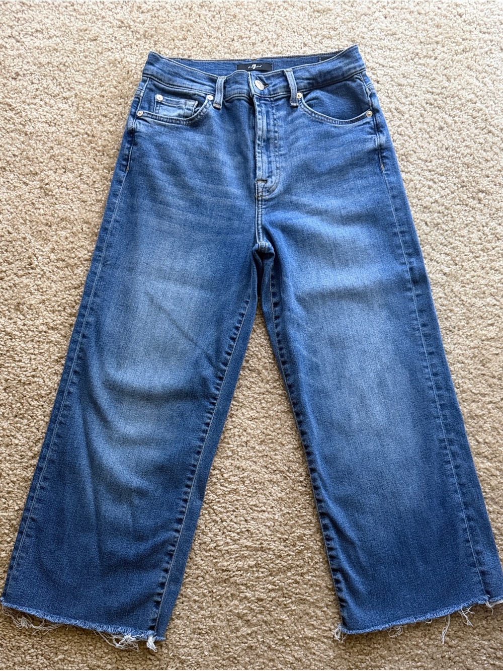 7 For All Mankind Medium Blue Wide-Leg Frayed Hem Jeans Cropped wide-leg jeans